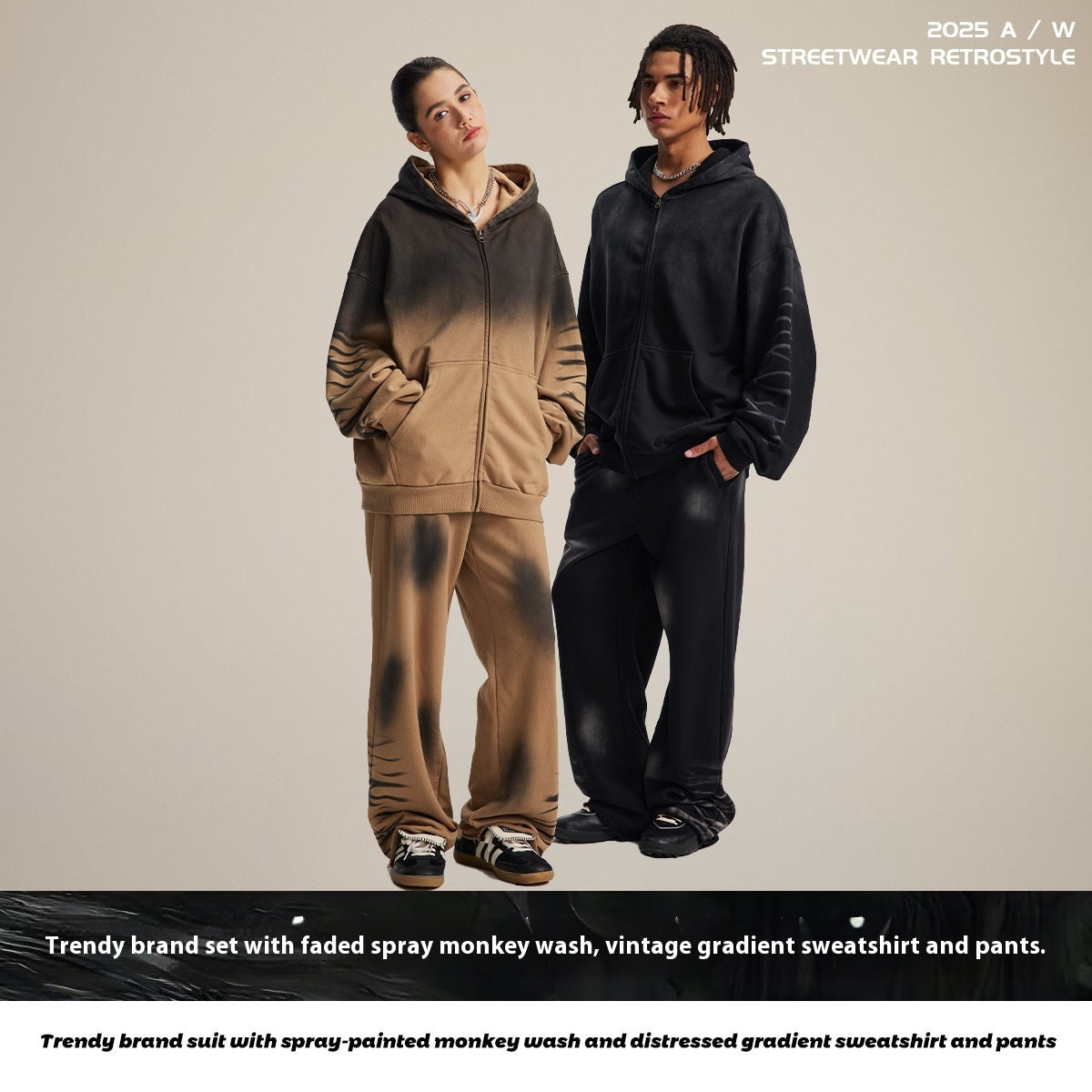 Hooded Suits Monkey Wash Washed And Worn Gradient Sweater Pants Men