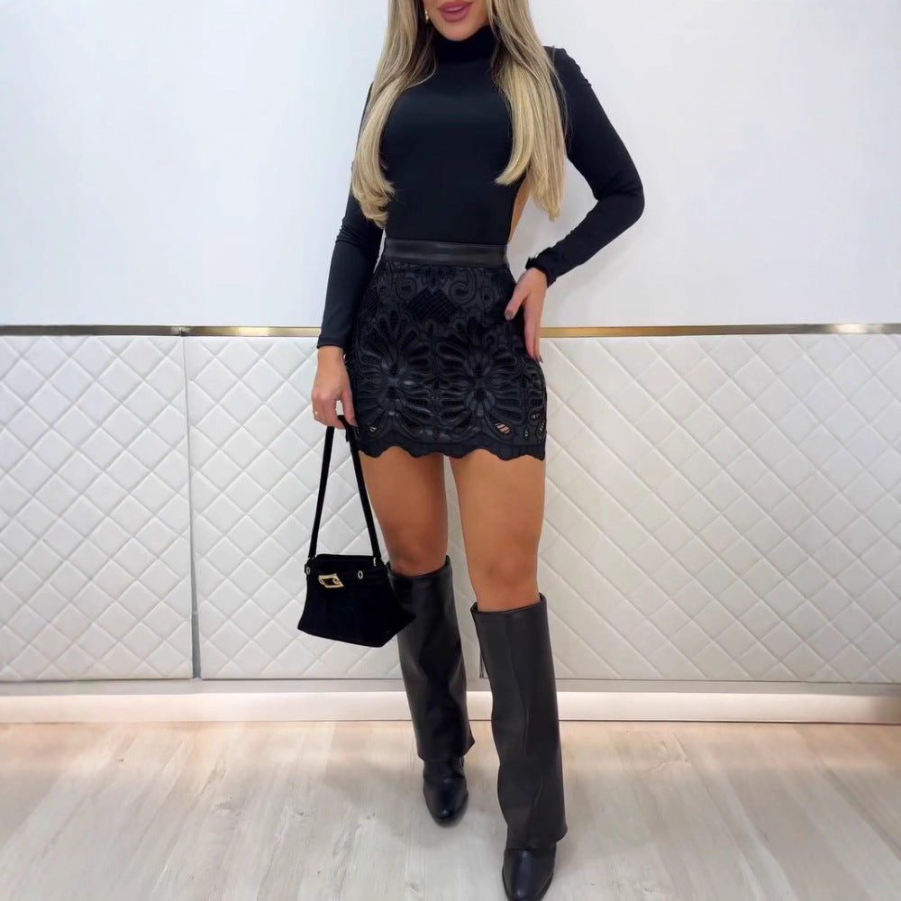 Solid Color PU Hollow Pattern Zipper Patchwork Easy Matching Commuter Hip Skirt