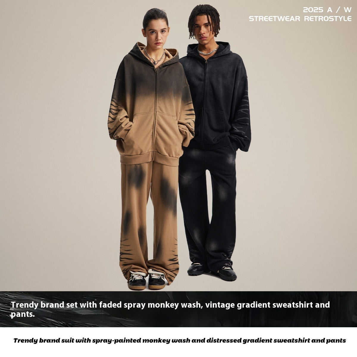 Hooded Suits Monkey Wash Washed And Worn Gradient Sweater Pants Men