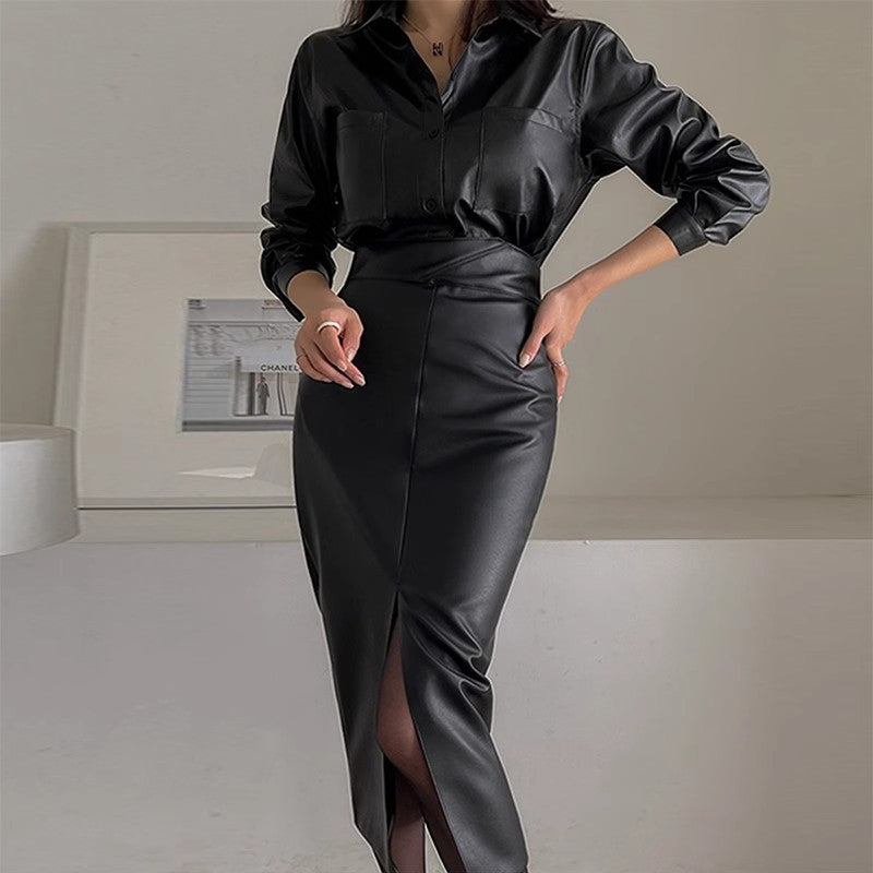 Split Leather Skirt Women's High Waist Adult Lady Like Woman Hip Skirt