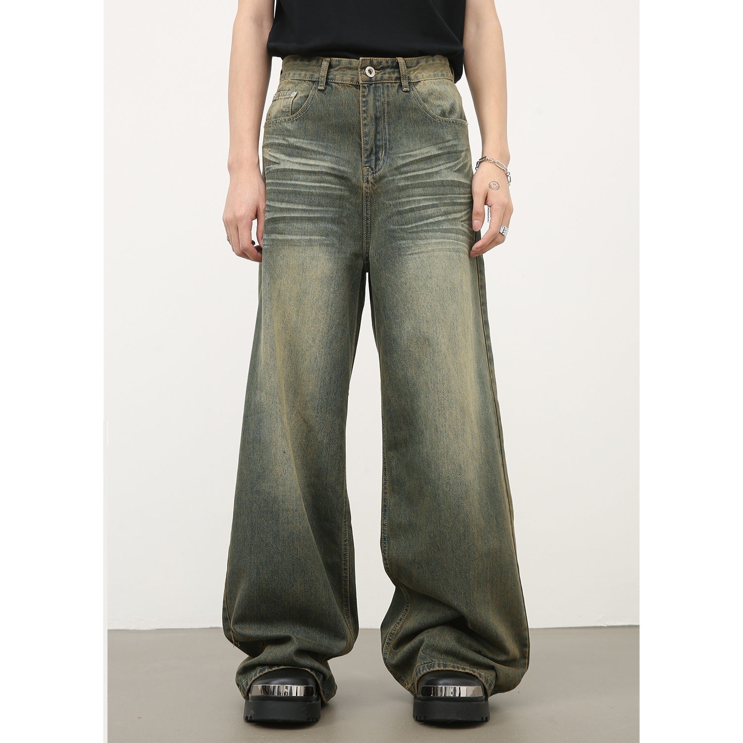 American Retro Cyan Washed Jeans With Whiskers Men