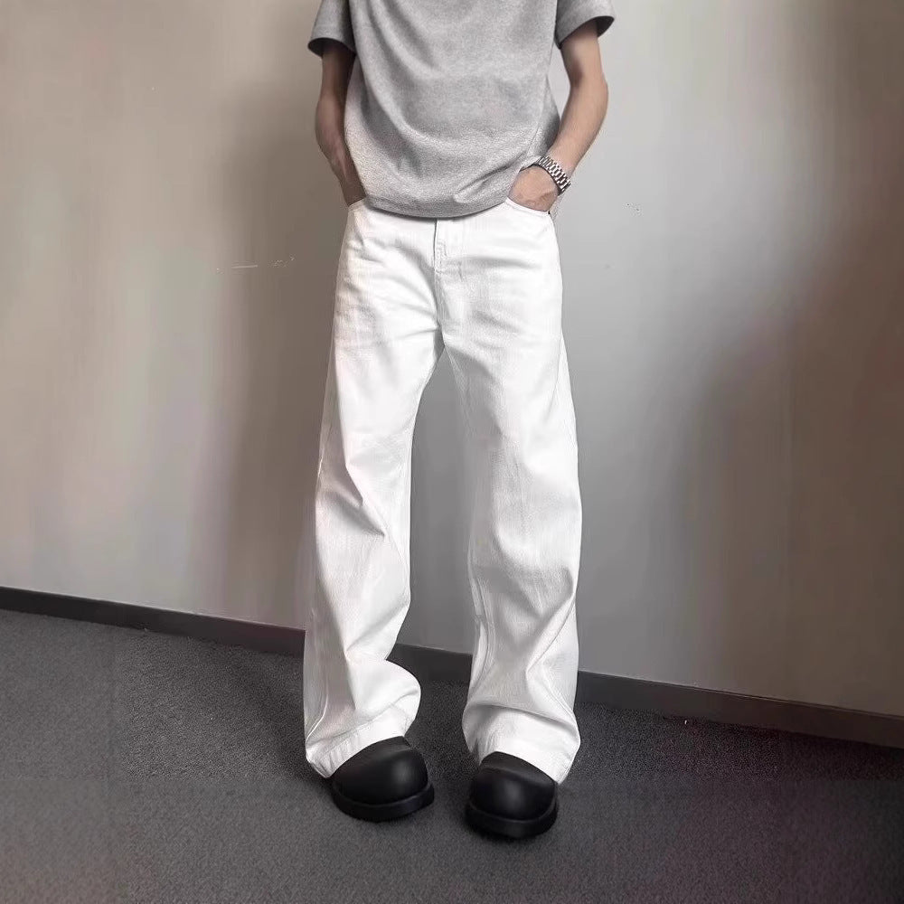 High-grade Loose Straight Wide Leg American High Street White Jeans Men