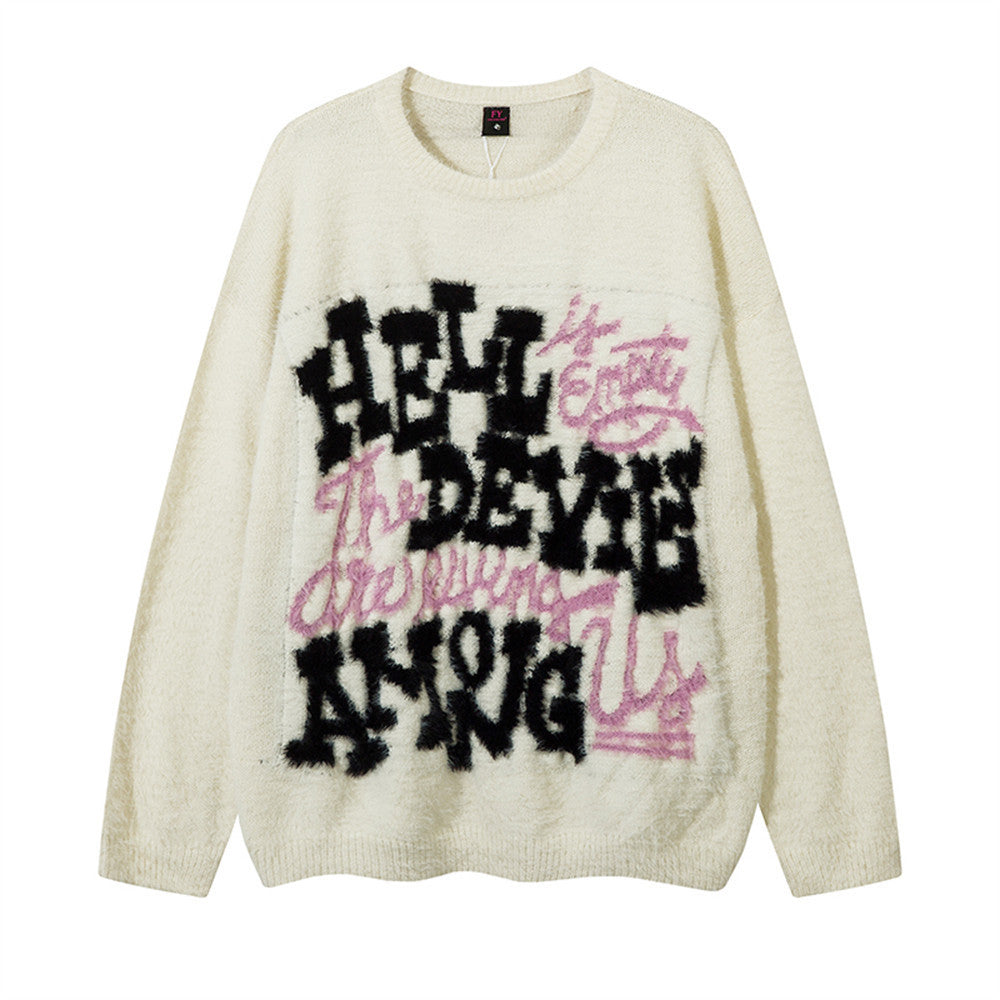 Gothic Letter Jacquard Pullover Sweater Men