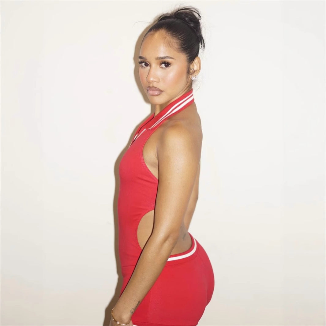 Polyester Women's Sleeveless Halter Sports Jumpsuit