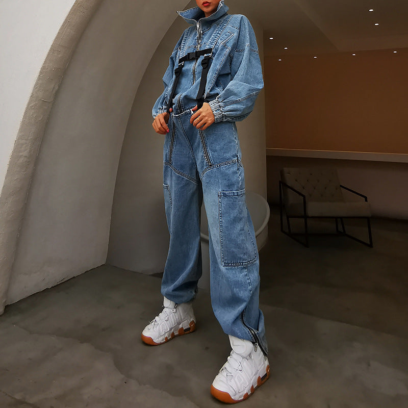 Fashion Casual Hooded Straight Leg Loose-Fitting Jeans Jumpsuit