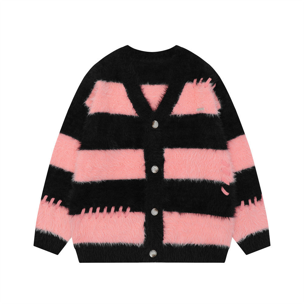 Contrast Color Striped Mink-like V-neck Sweater Coat