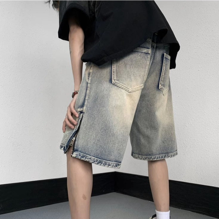 American High Street Retro Tattered Jeans Denim Shorts Wide Leg