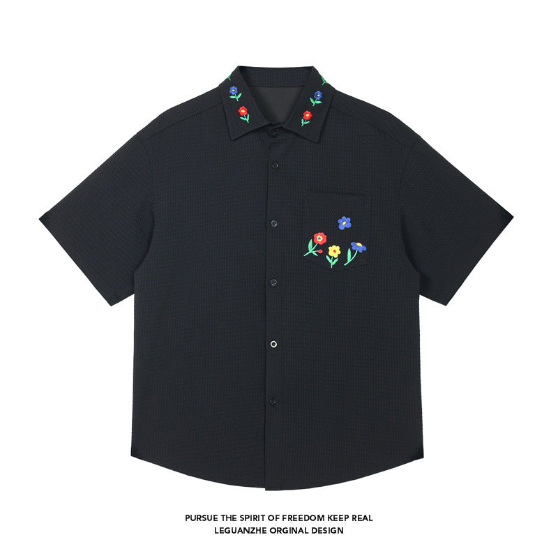 White Background Embroidered Handsome Short Sleeve Shirt