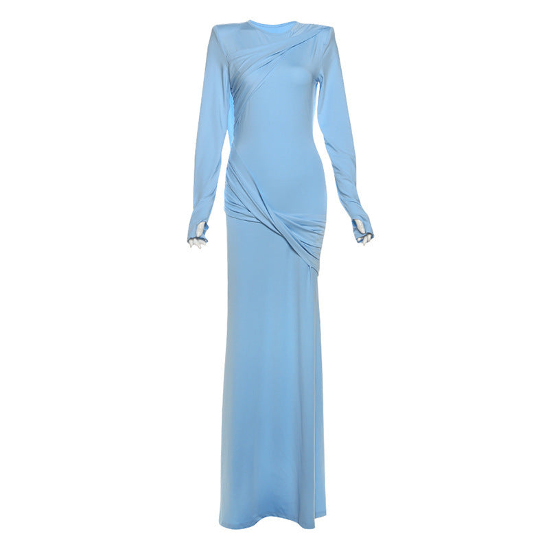 Polyester Women's Slim Fit Backless Long Sleeve Solid Color Dress