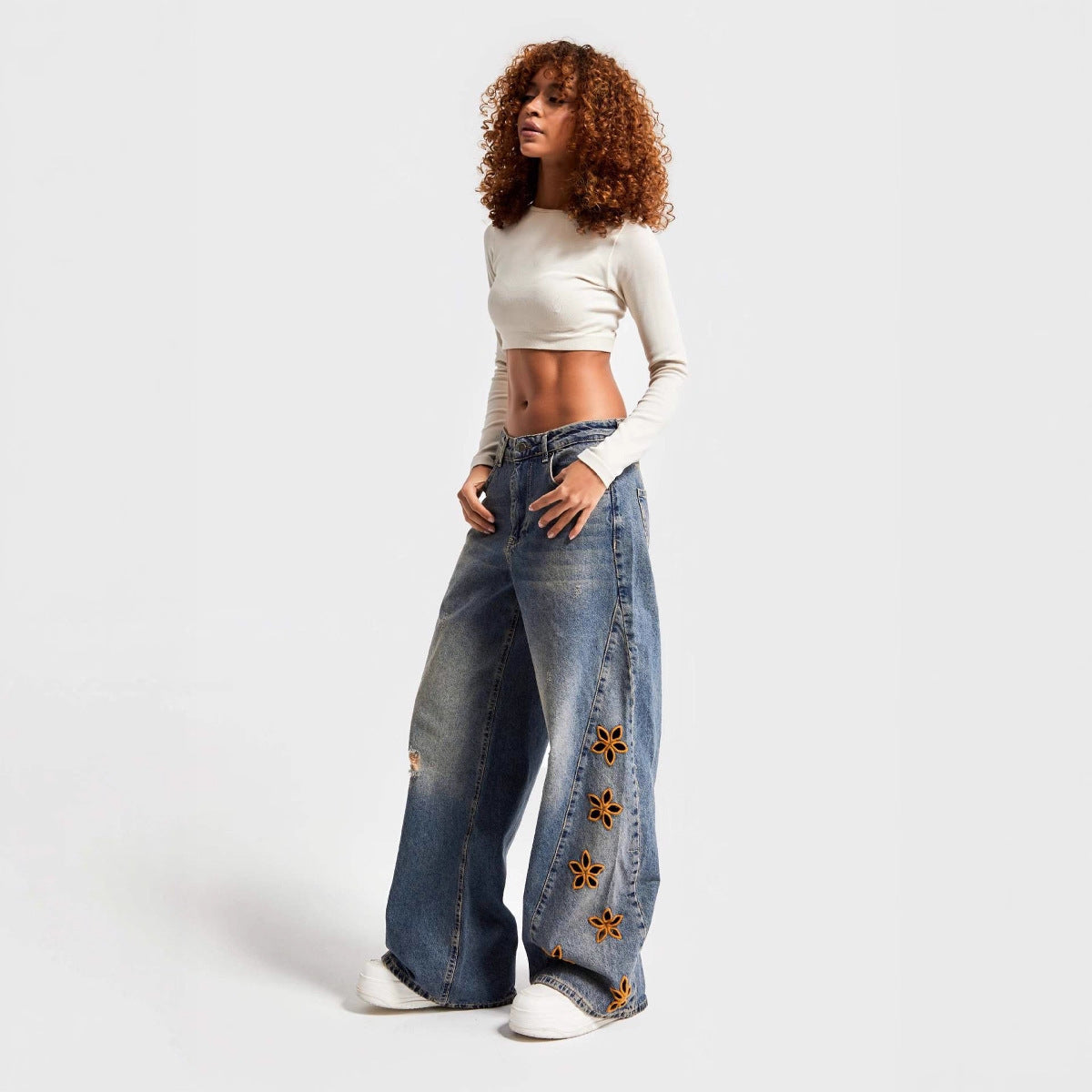 Women's Casual And Relaxed Embroidered High Waist Loose Jeans