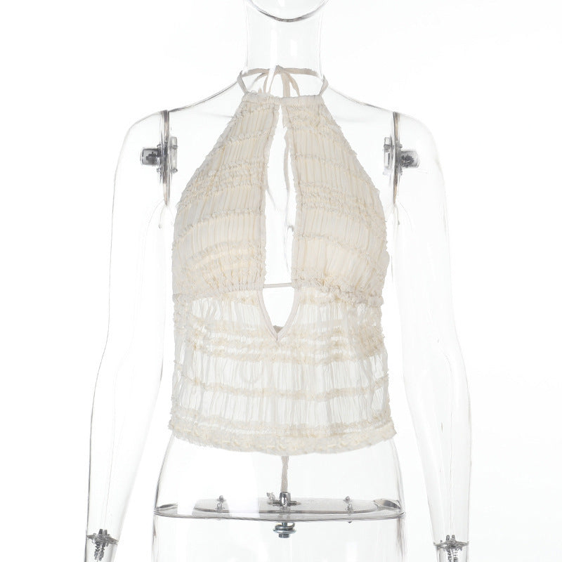 French Style Halter Texture Hollow-out Beautiful Beach Vacation Top