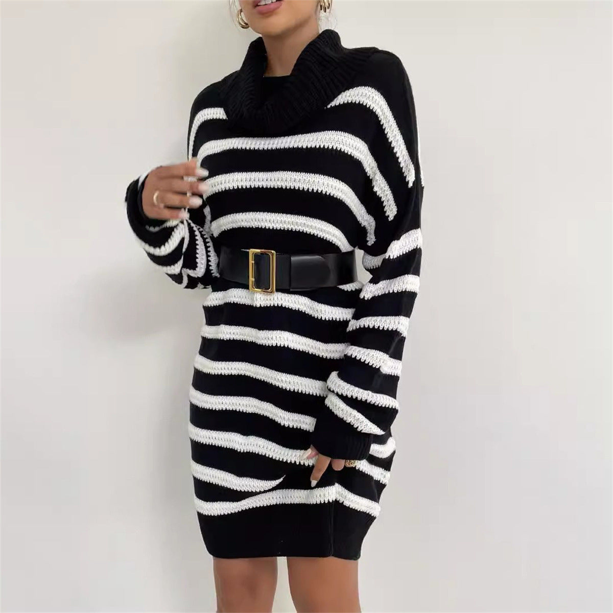 Black And White Stitching Woolen Skirt Striped Knitted