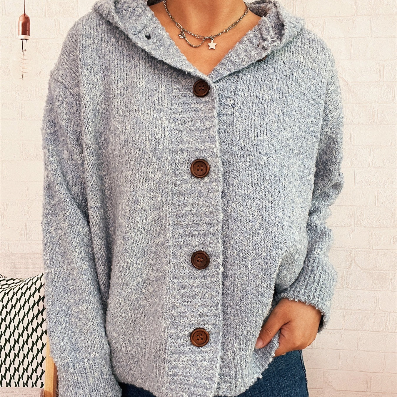Casual Thickening Hooded Single-breasted Knitted Cardigan Solid Color Sweater Coat