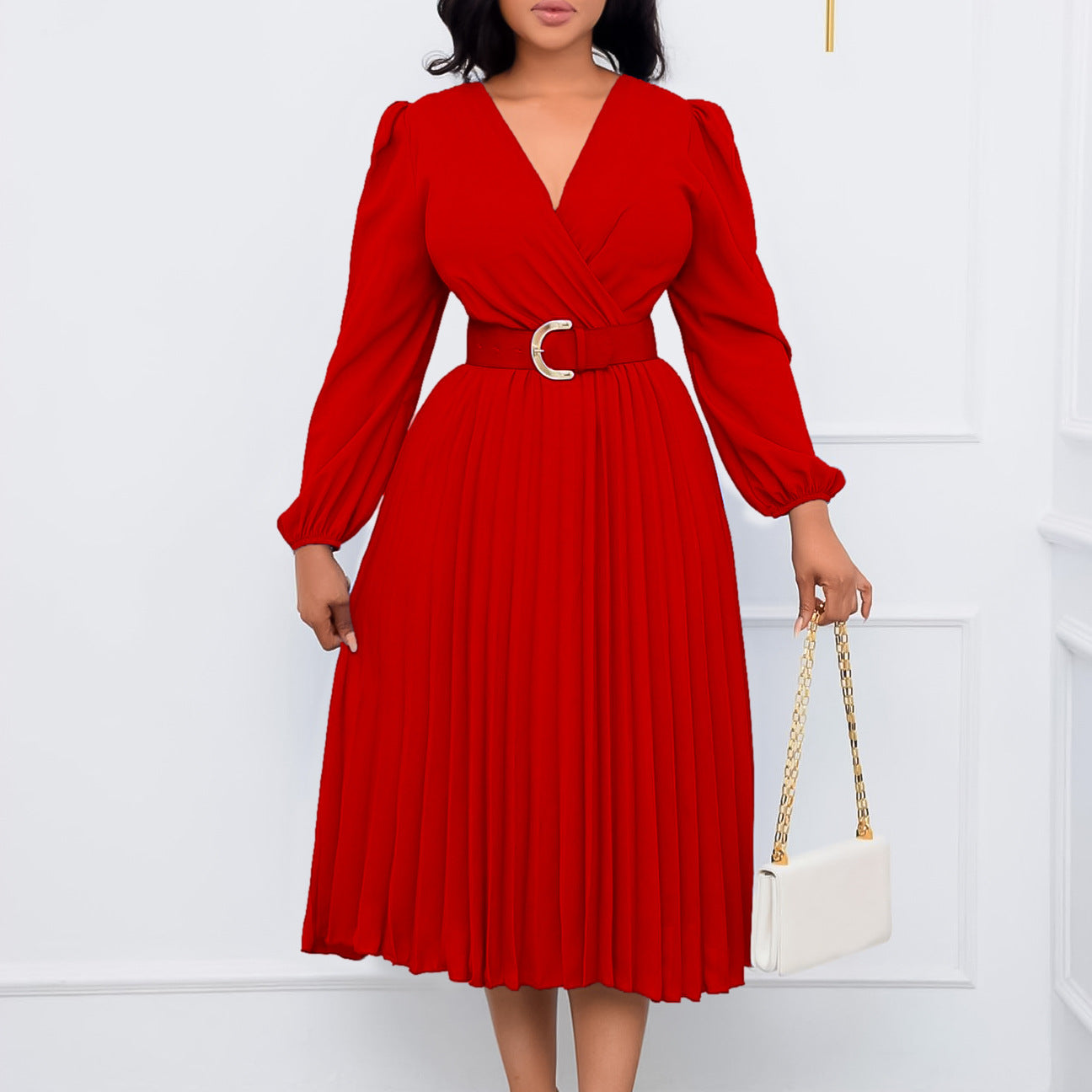 Long Sleeve V-neck Pleated Midi Dress