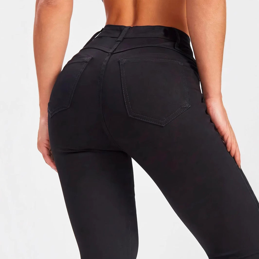 Mid Waist Slim Fit Stretch Black Skinny Tappered Pants Jeans Stretch