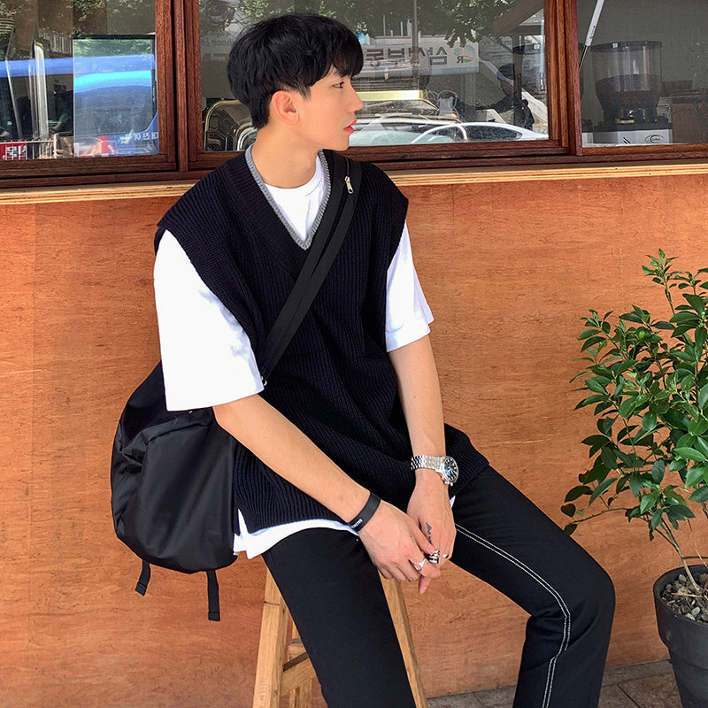 Knitted V-neck Vest Men's Korean Style Trend Sleeveless Vest Loose College Style Sweetheart Neck Vest