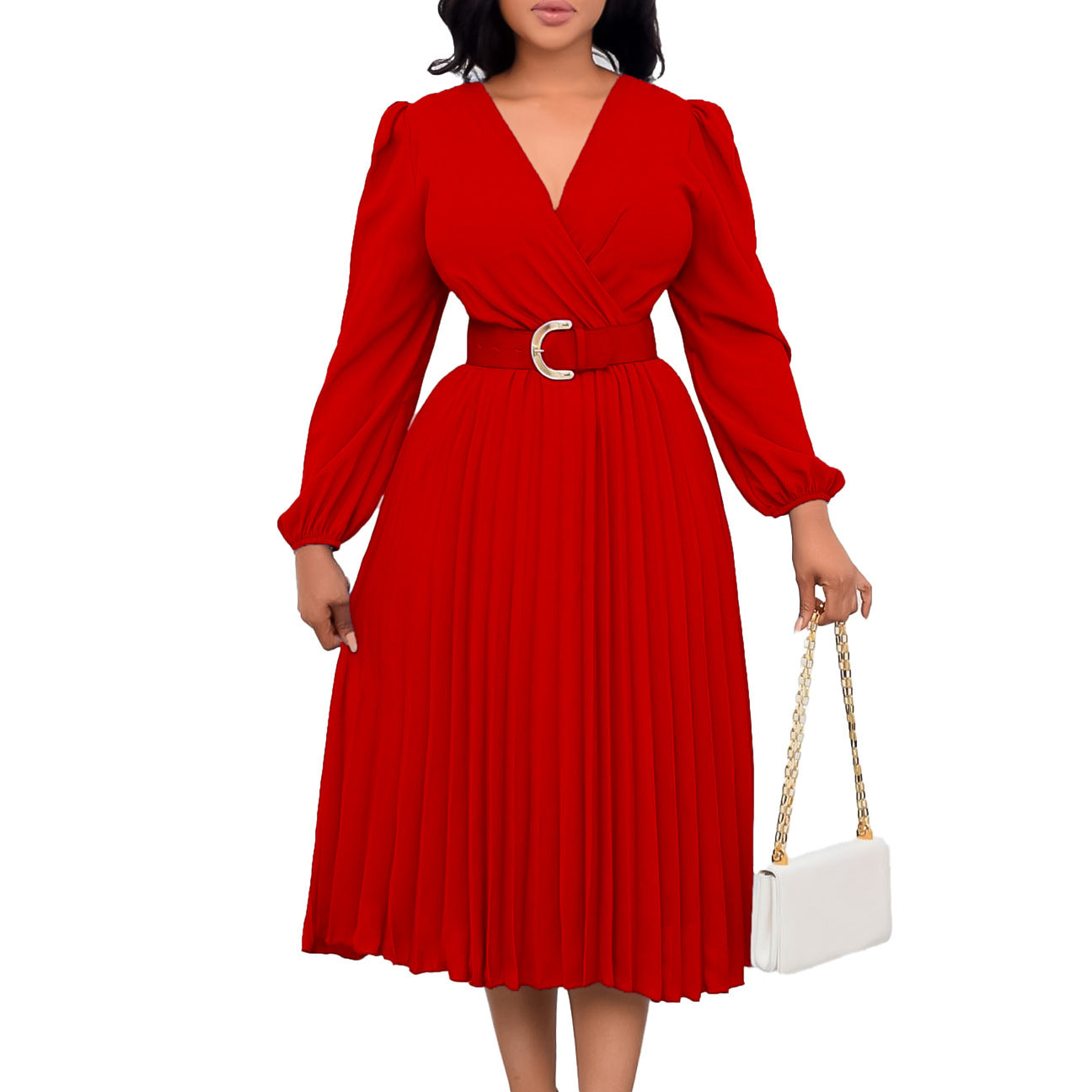 Long Sleeve V-neck Pleated Midi Dress