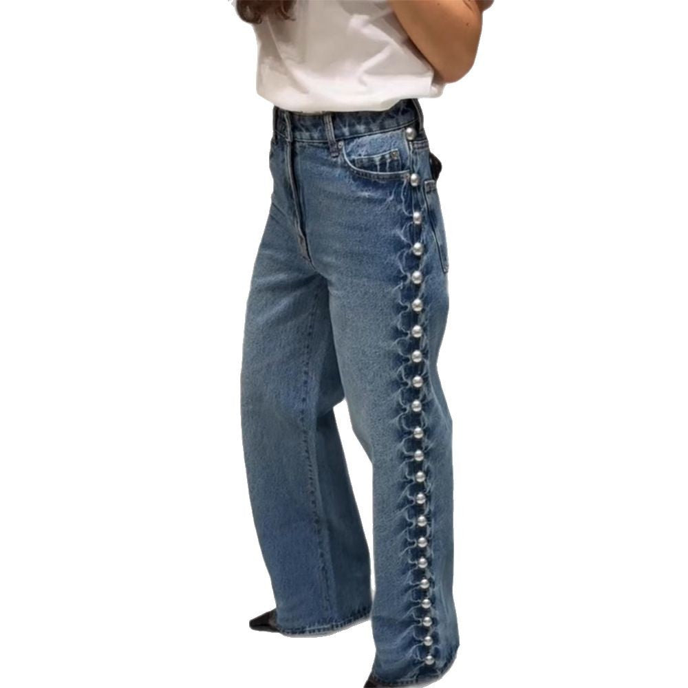 Women's Retro Design Side Round Beads Decorative Jeans