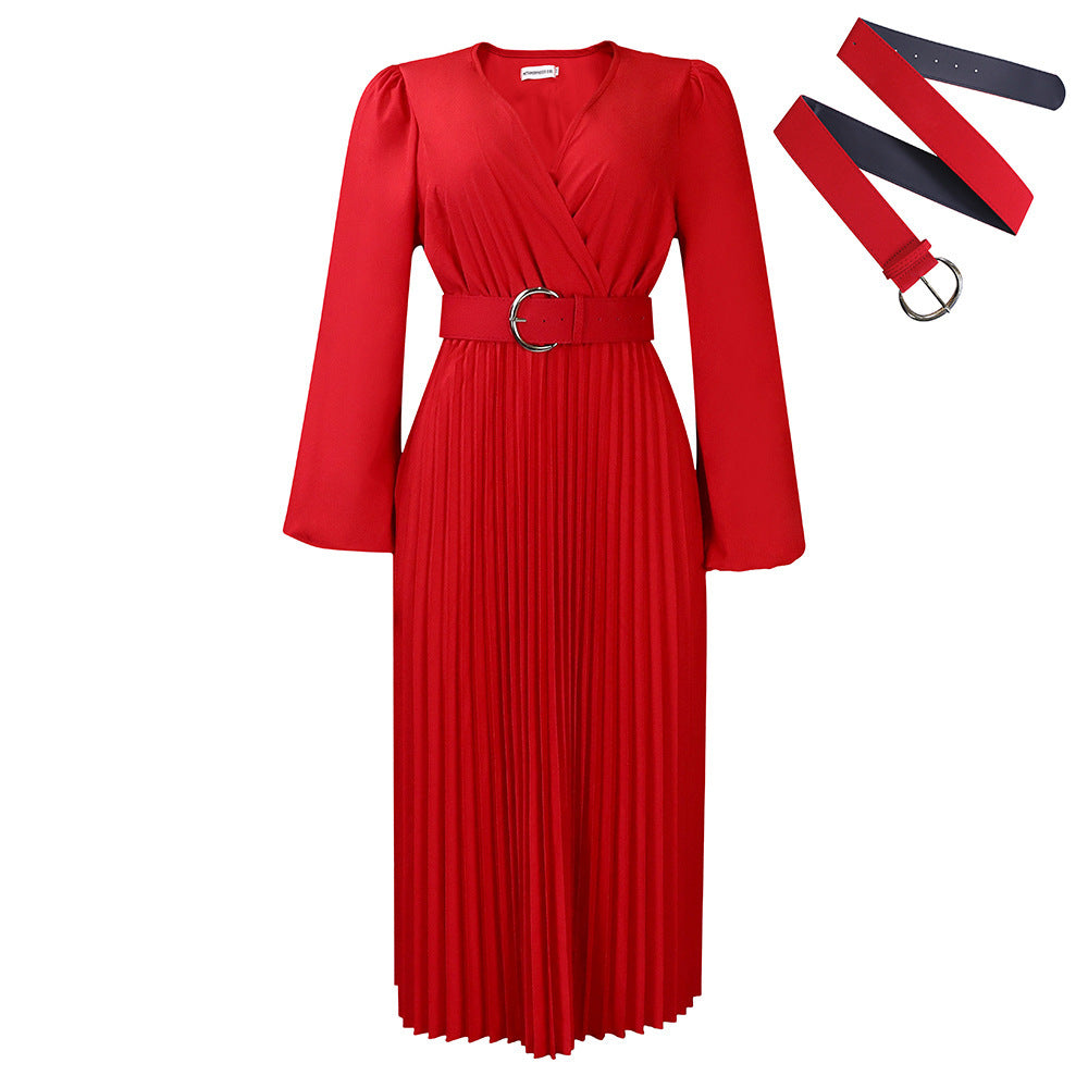 Long Sleeve V-neck Pleated Midi Dress