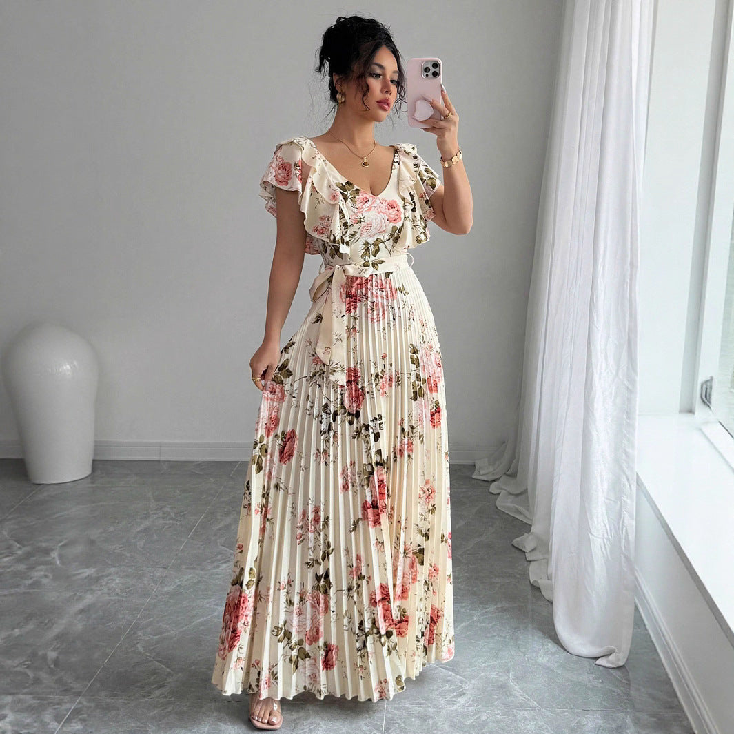 V-neck Digital Floral Print Ruffles Dress