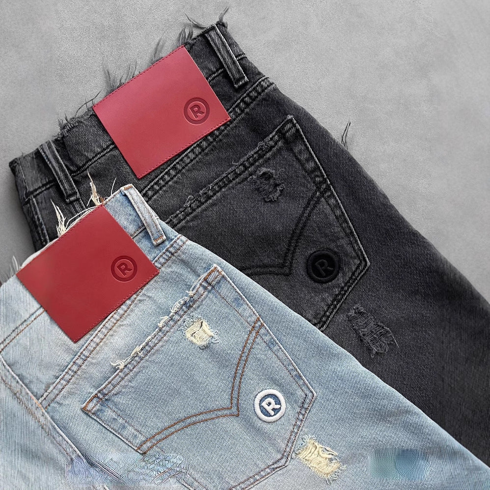 Gothic Style Men's Street Hip-hop Ripped Black Punk Washed Denim Shorts