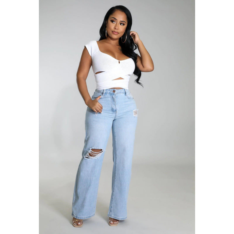 Women's Ripped Jeans Straight-leg Pants