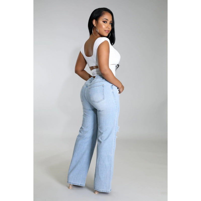 Women's Ripped Jeans Straight-leg Pants