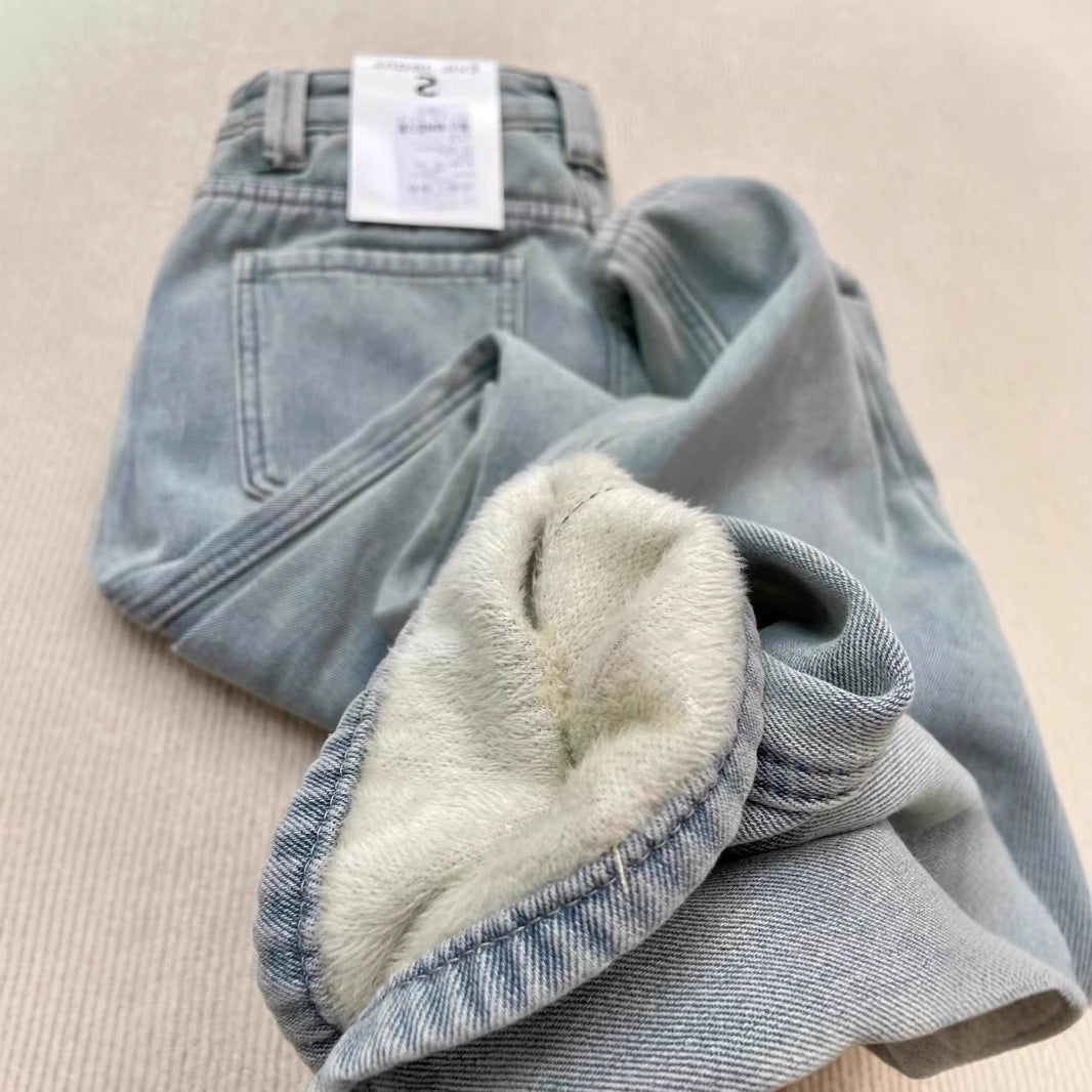 Autumn And Winter Fleece-lined Warm Straight Jeans For Women