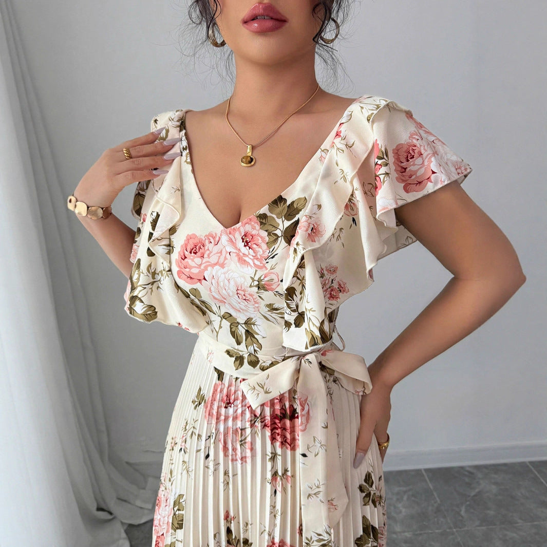 V-neck Digital Floral Print Ruffles Dress