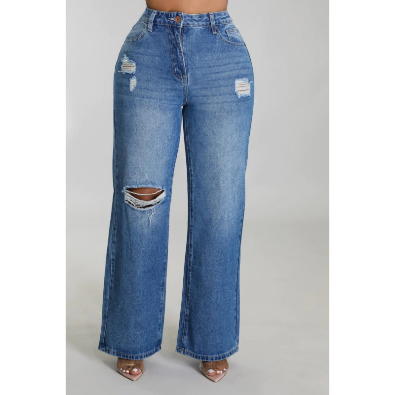 Women's Ripped Jeans Straight-leg Pants