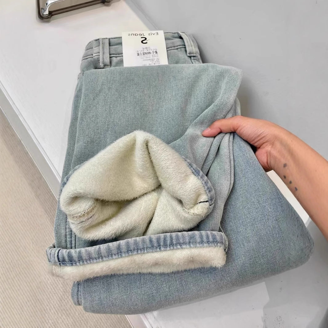 Autumn And Winter Fleece-lined Warm Straight Jeans For Women