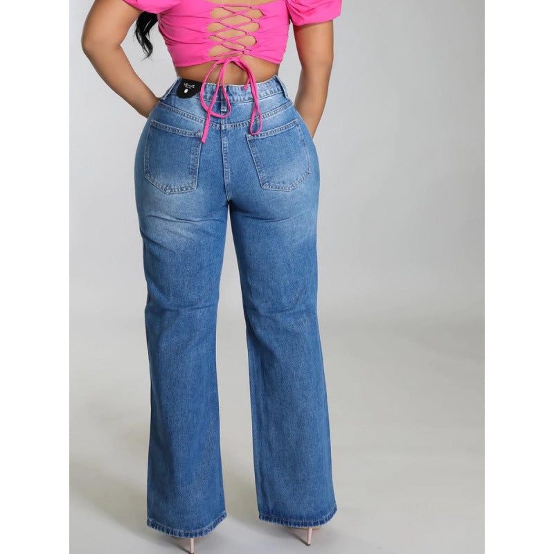 Women's Ripped Jeans Straight-leg Pants