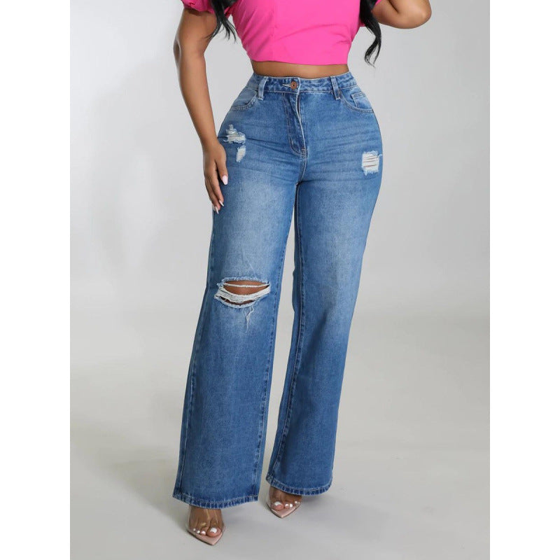 Women's Ripped Jeans Straight-leg Pants