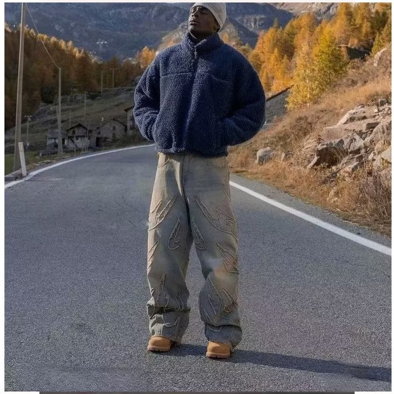 Retro Bat Pattern Lazy Embroidered Loose Jeans