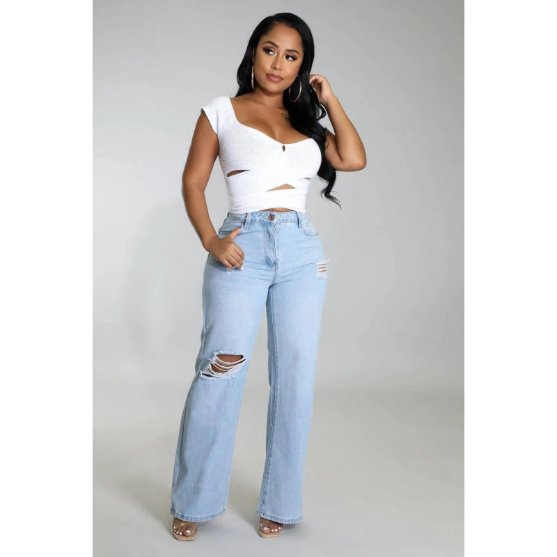 Women's Ripped Jeans Straight-leg Pants