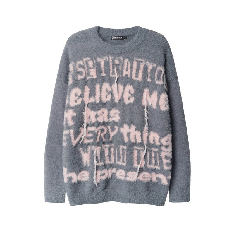 Retro Fashion Brand Contrast Color Letter Tassel Sweater Men