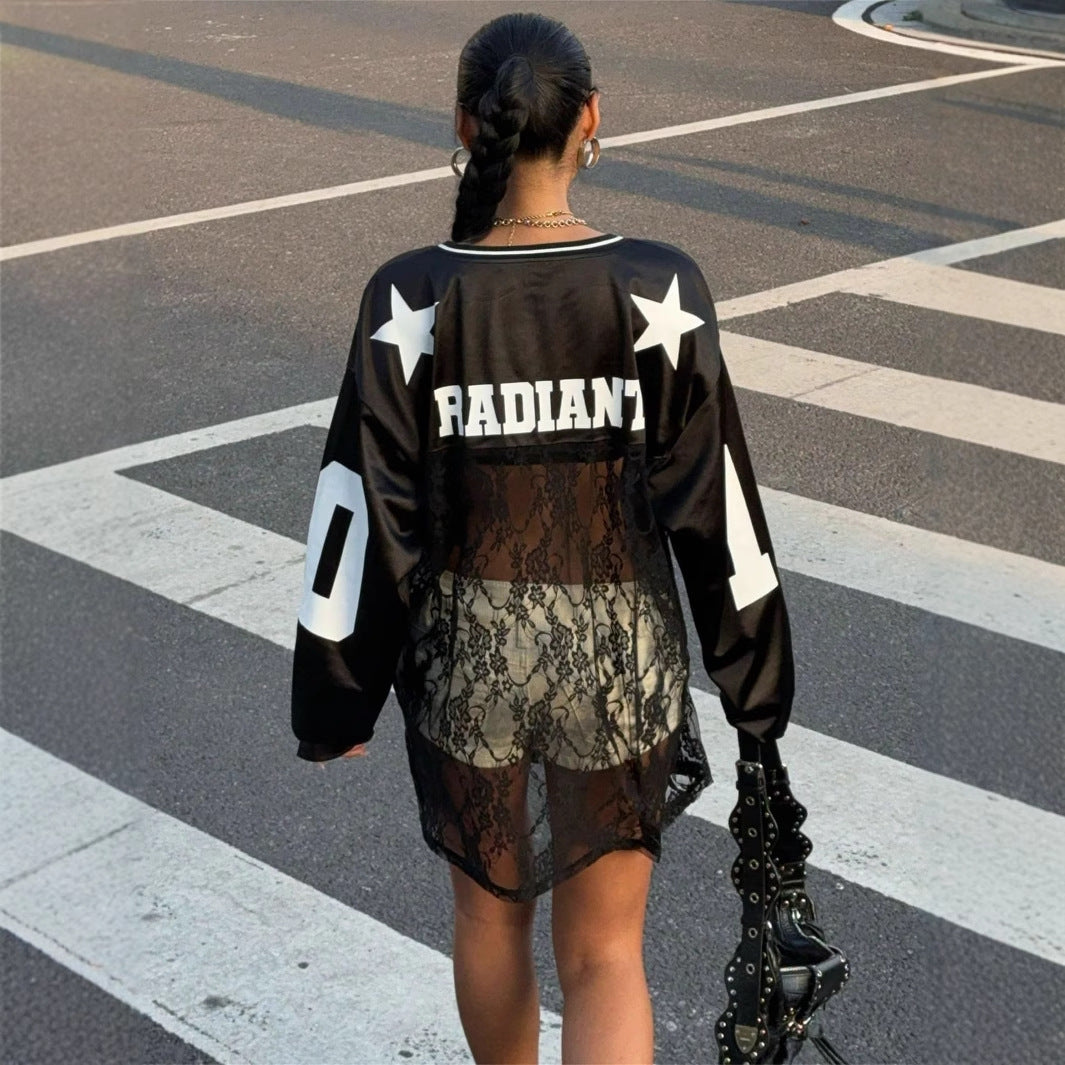 Women's Loose Printed Lace See Through V-neck Sweatshirt