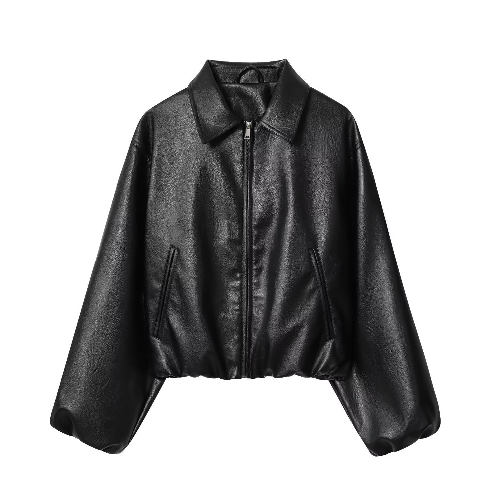 Lapel Long Sleeve PU Zipper Jacket Baseball Uniform Jacket