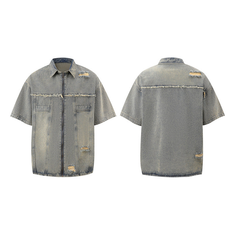 Vintage Frayed Make Old Ripped Denim Zipper Clothes