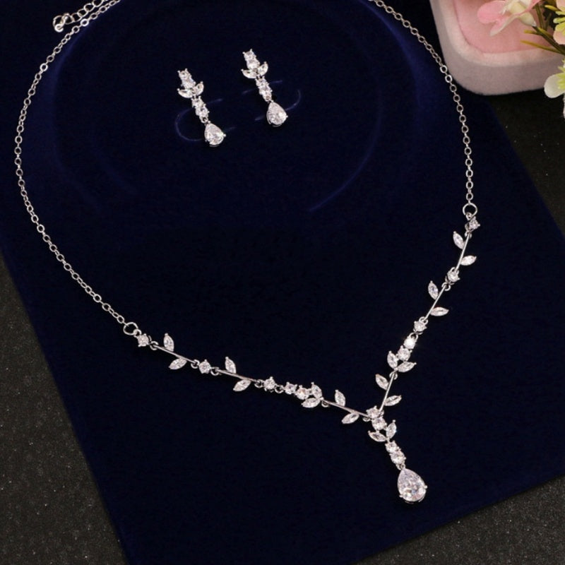 Simple Bridal Zircon Wedding Handmade Ornament Necklace And Earrings Suite