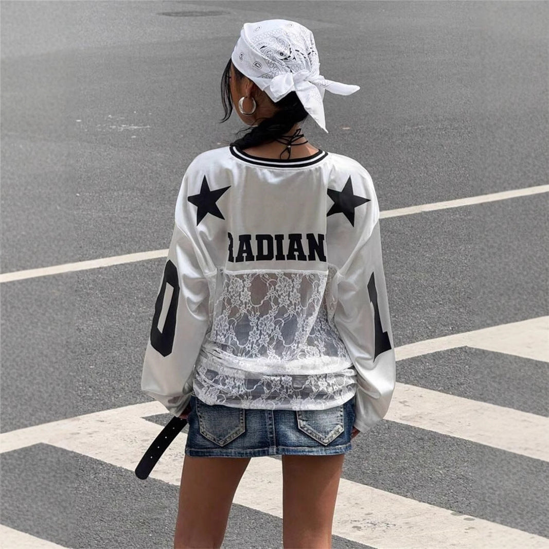 Women's Loose Printed Lace See Through V-neck Sweatshirt