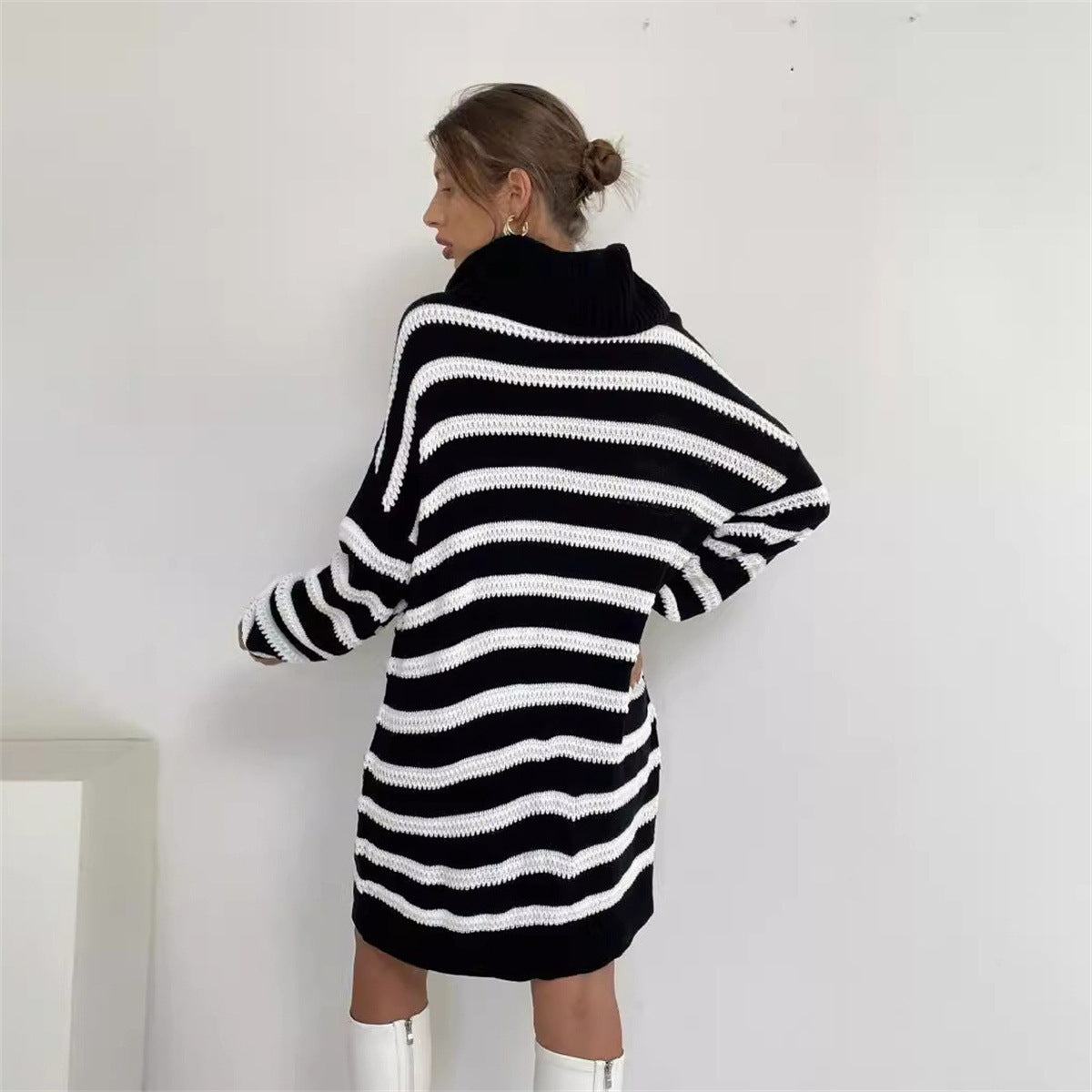 Black And White Stitching Woolen Skirt Striped Knitted