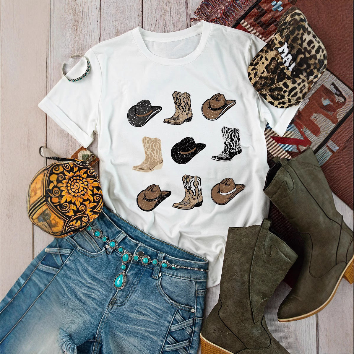 Women's Retro Denim Country Concert Western Competitive T-shirt