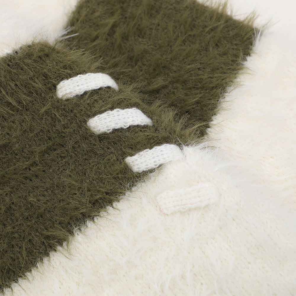 Contrast Color Striped Mink-like V-neck Sweater Coat