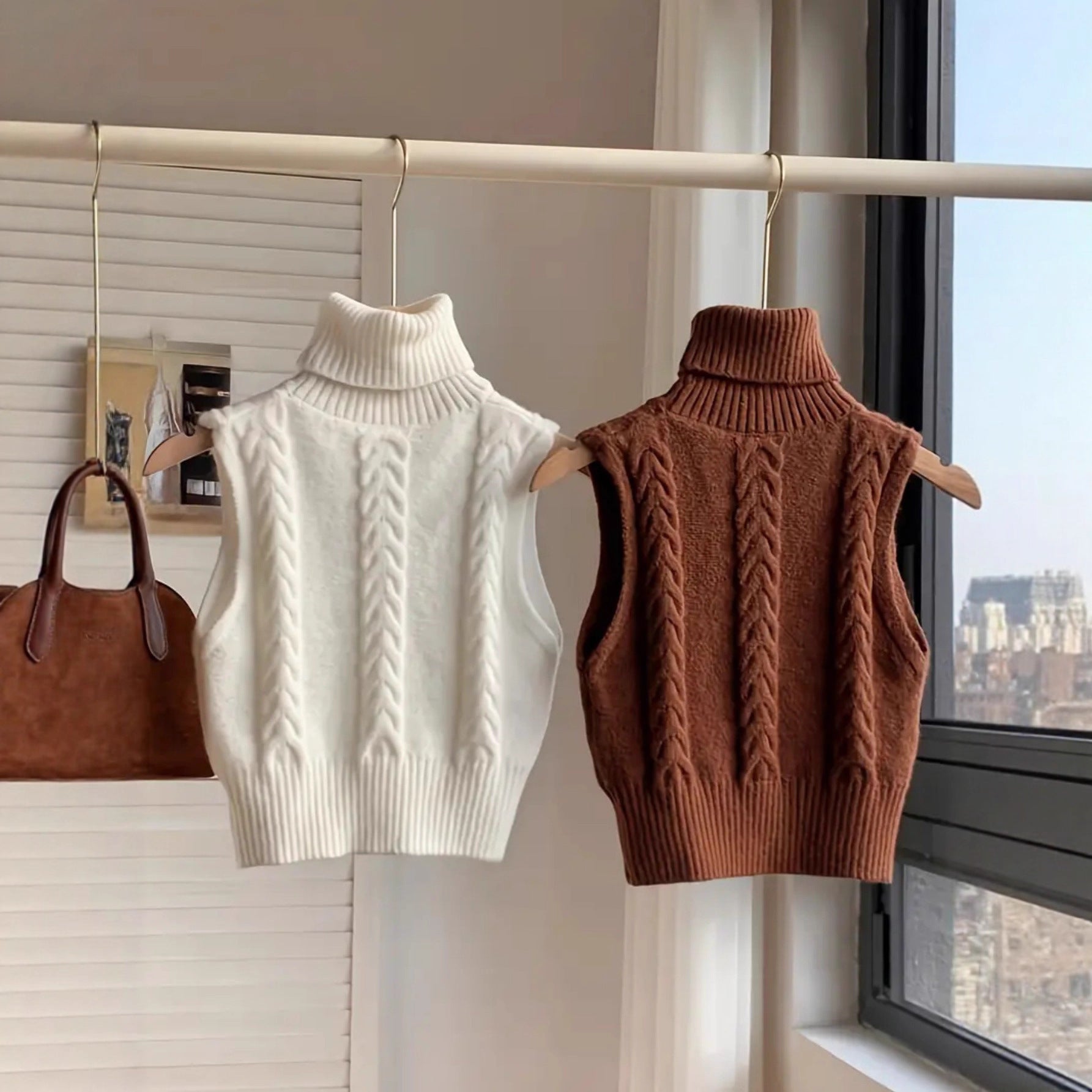 Europe And America Cross Border Spring And Autumn New Fashion Double-sided Cable-knit Turtleneck Sleeveless All-matching Knitted Sweater Vest Top Outer Wear