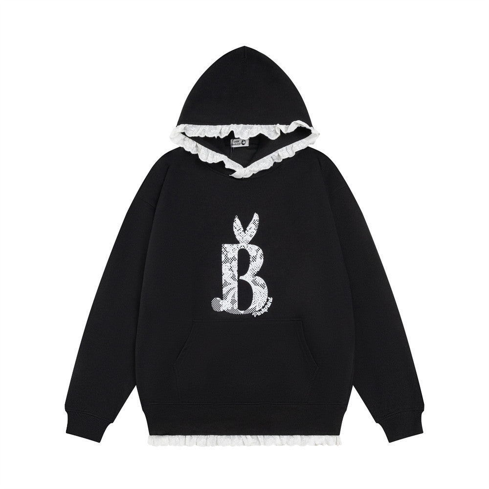 Letter Printed Lace Lace Hooded Sweater For Men