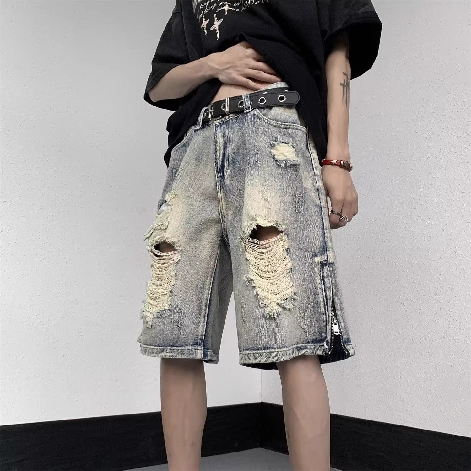 American High Street Retro Tattered Jeans Denim Shorts Wide Leg