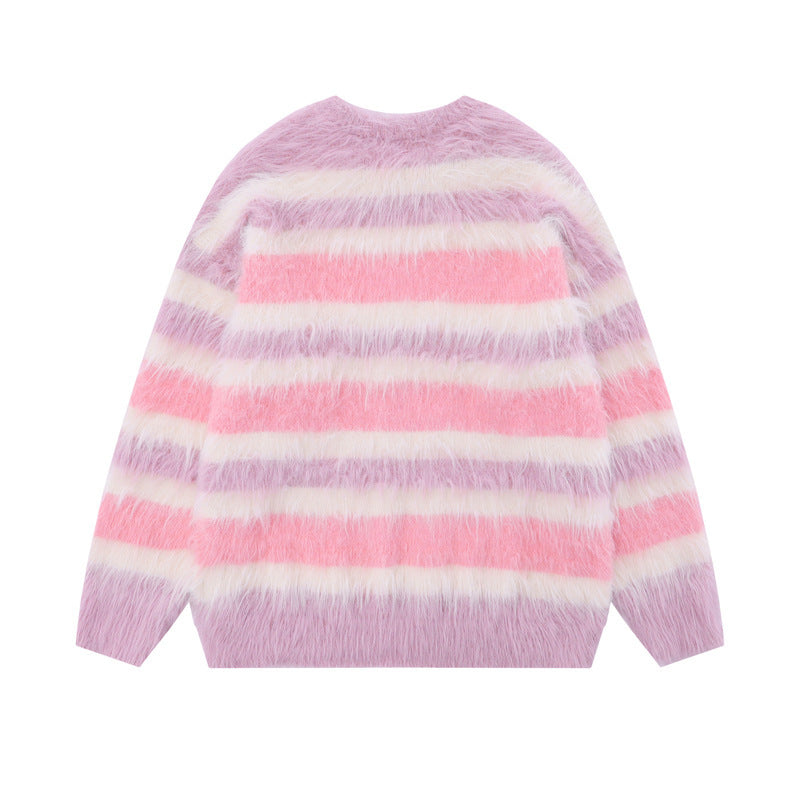 Contrast Color Striped Round Neck Sweater For Men And Women