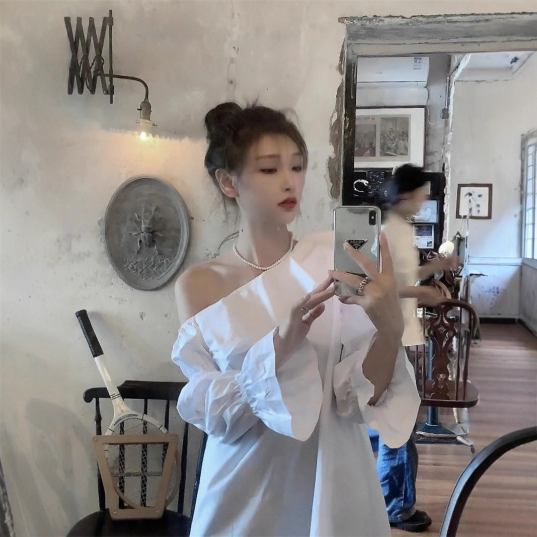 Women's Ruffled Irregular Off-shoulder Long Sleeve Dress