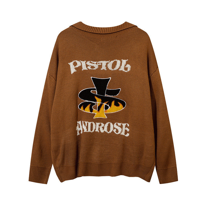 American High Street Letter Embroidery Design Lapel Sweater